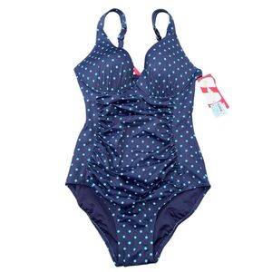 Spanx Women Navy/Turquoise Polka Dot Ruched One Piece UPF 50+ Swimsuit Size 8